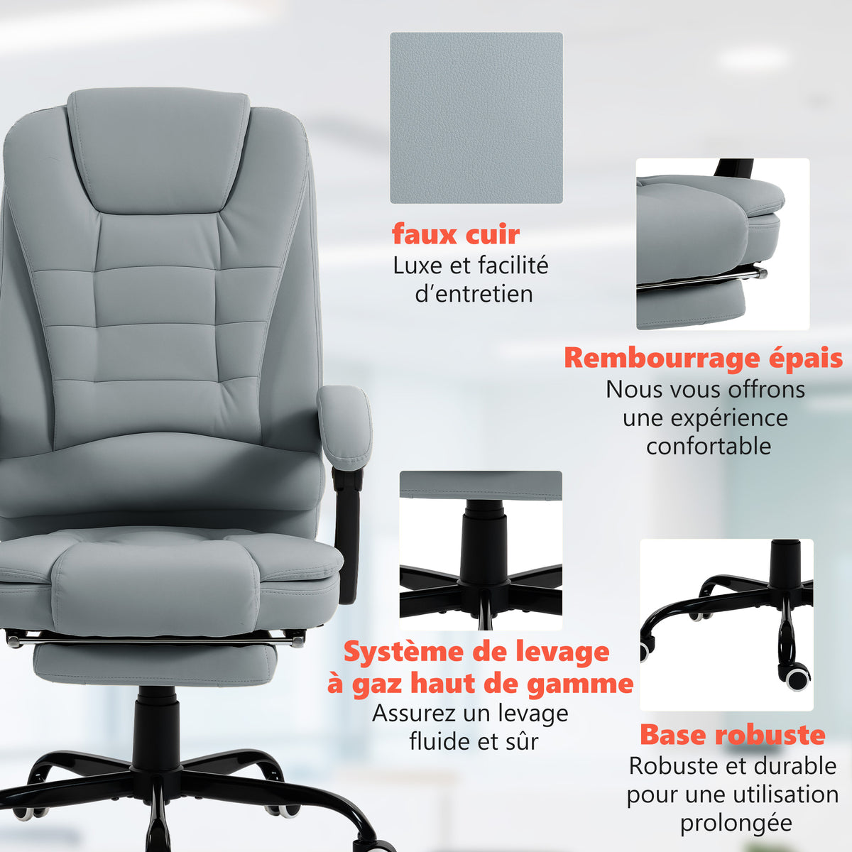 Fauteuil de bureau massant, inclinable et télécommande filaire, gris