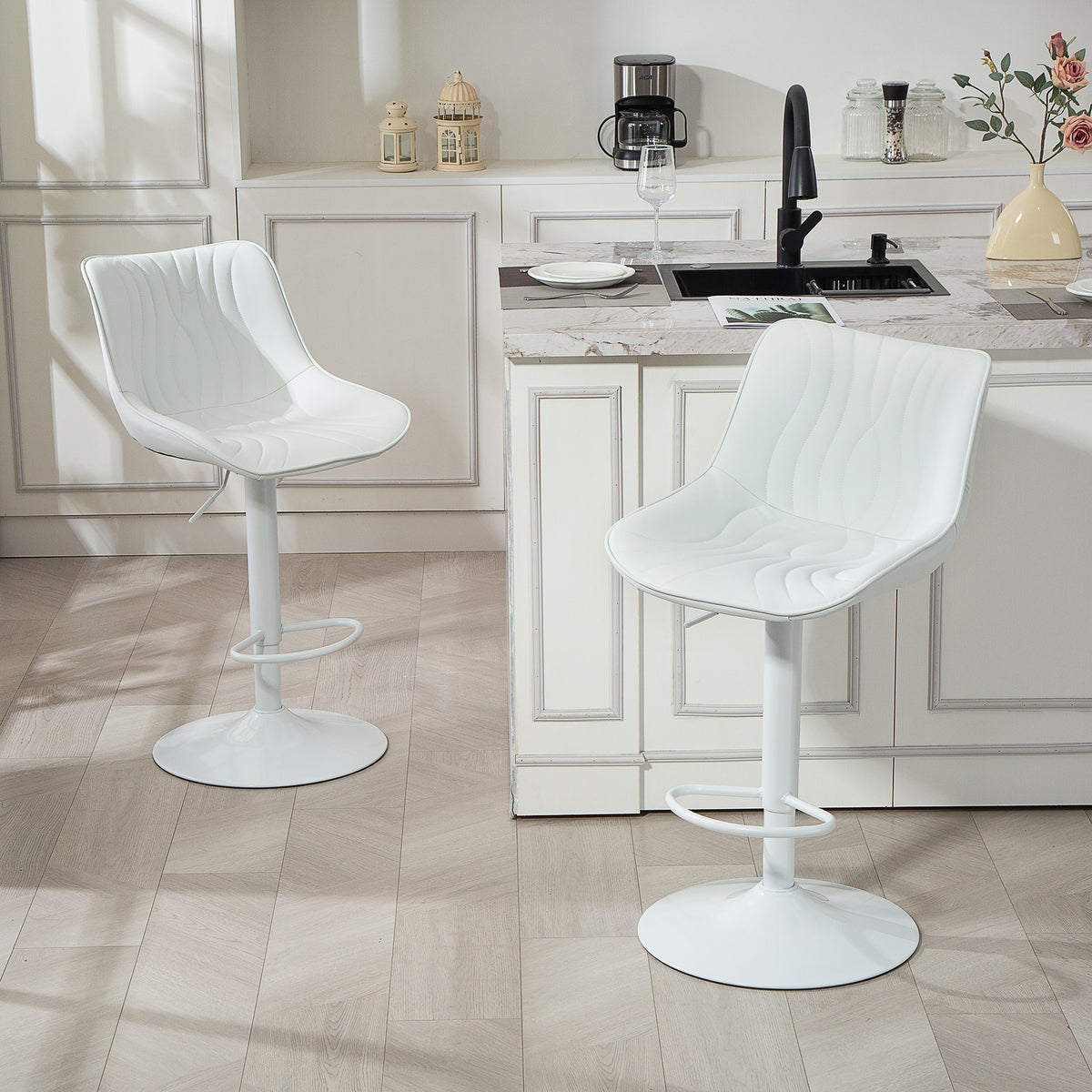 Lot de 2 tabourets de bar, repose-pieds blanc