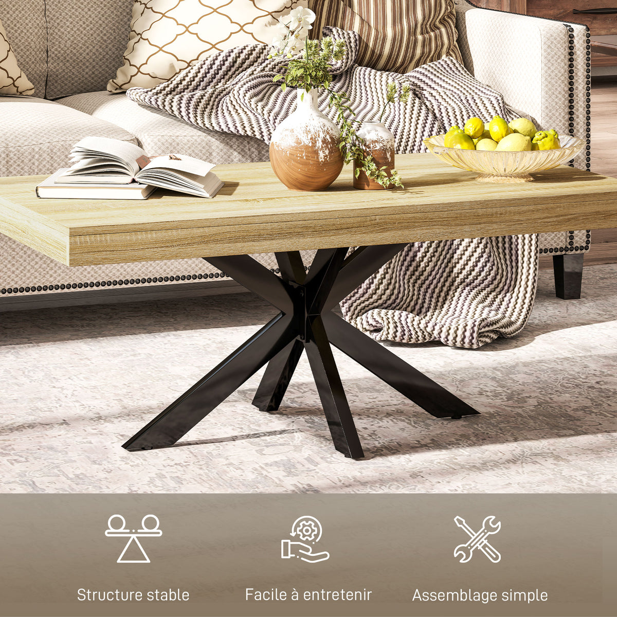 Table Basse rectangulaire en métal Noir et Plateau aspect Bois - dim. 110 x 60 x 45cm