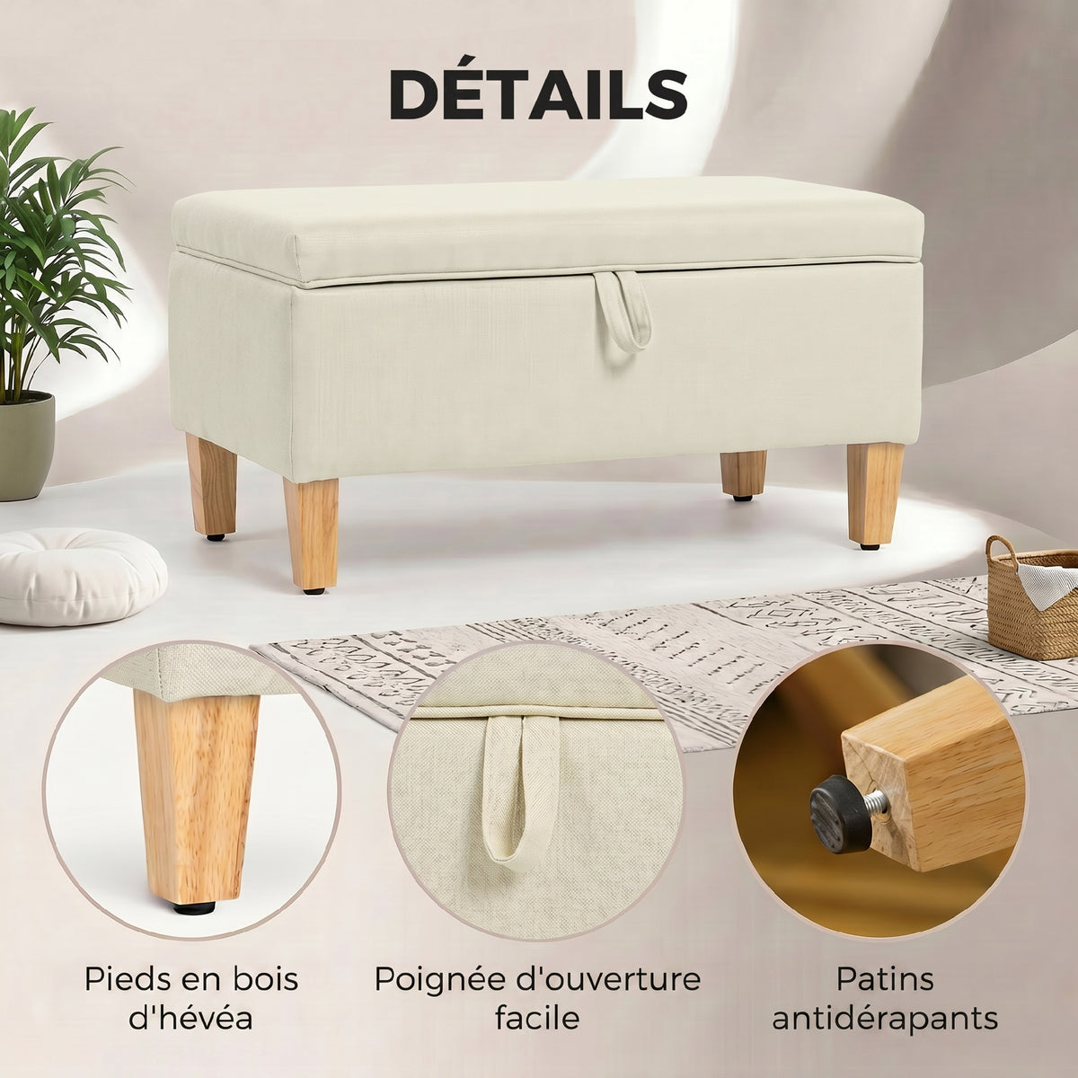 Banc de rangement, bout de lit, 71x37x36cm, beige