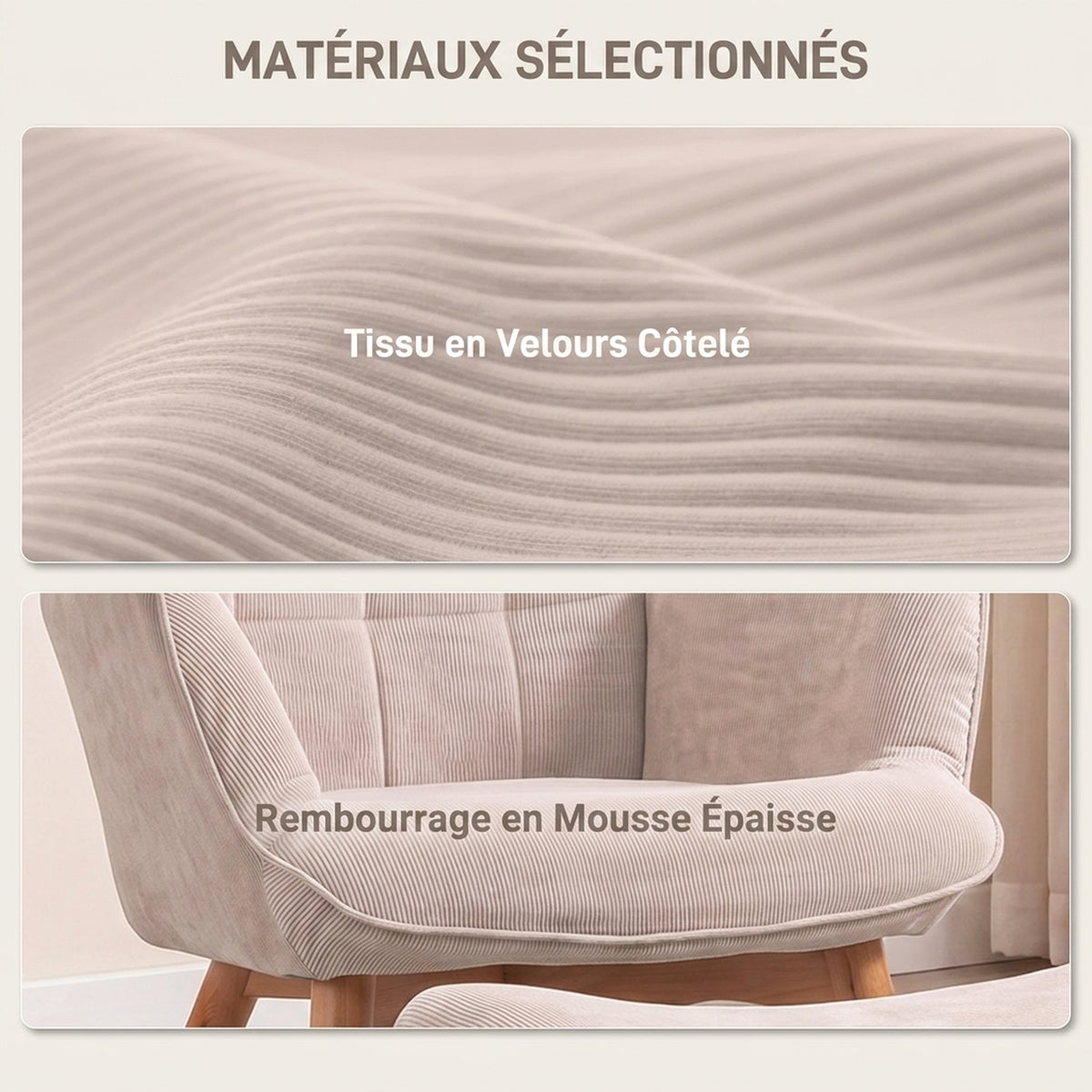 Fauteuil avec repose pied, pieds en bois et tissu aspect velours