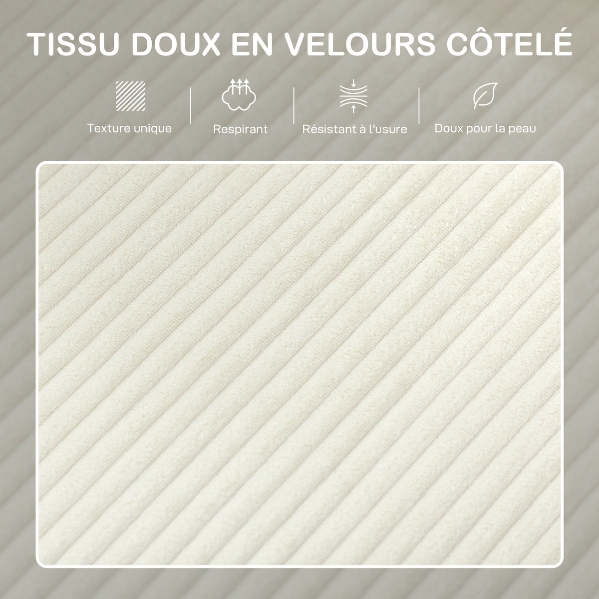 Canapé 3 places en velours, coussins à ressorts, 192x80x84,5cm, beige