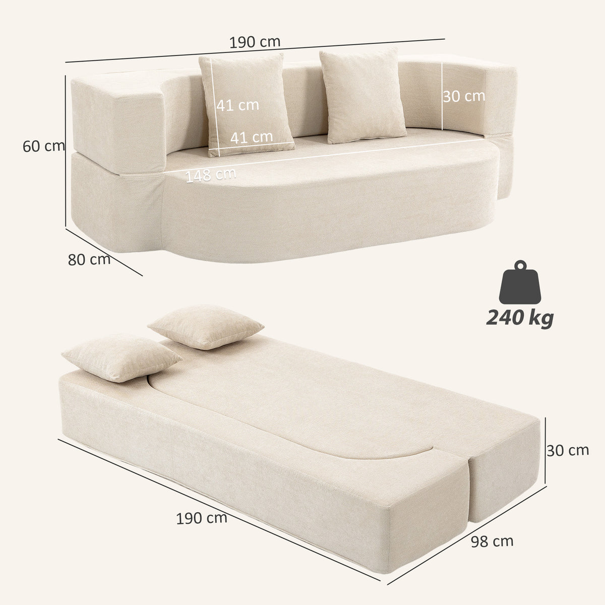 Canapé Convertible 2 Places, Canapé-Lit 190cm, Beige