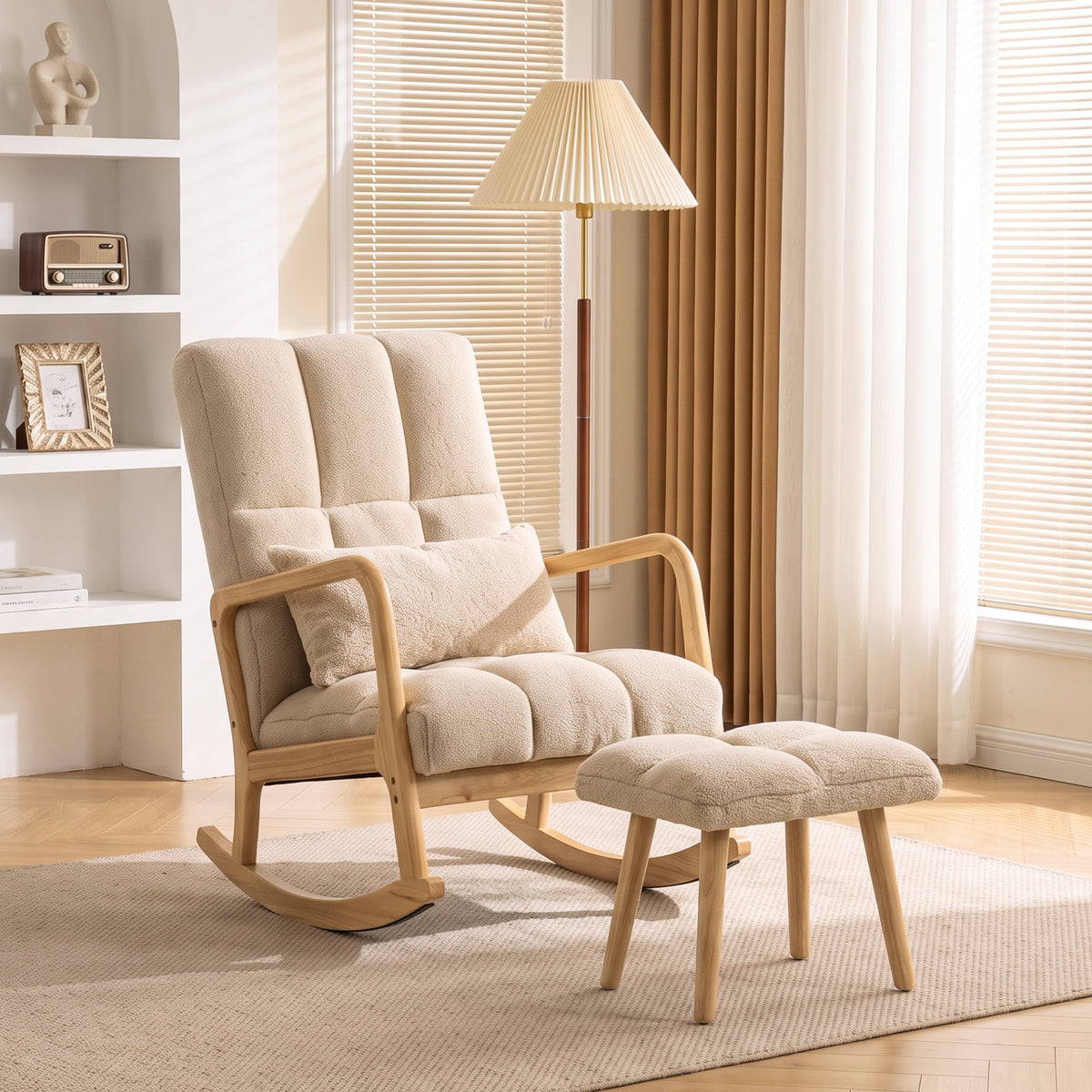 Fauteuil à Bascule avec Repose-Pieds, en Tissu, Pieds en Bois, 64,5 x 82 x 89 cm, Beige