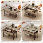 Table basse relevable et extensible, compartiment caché étagères ouvertes, 98x49x55cm, bois naturel