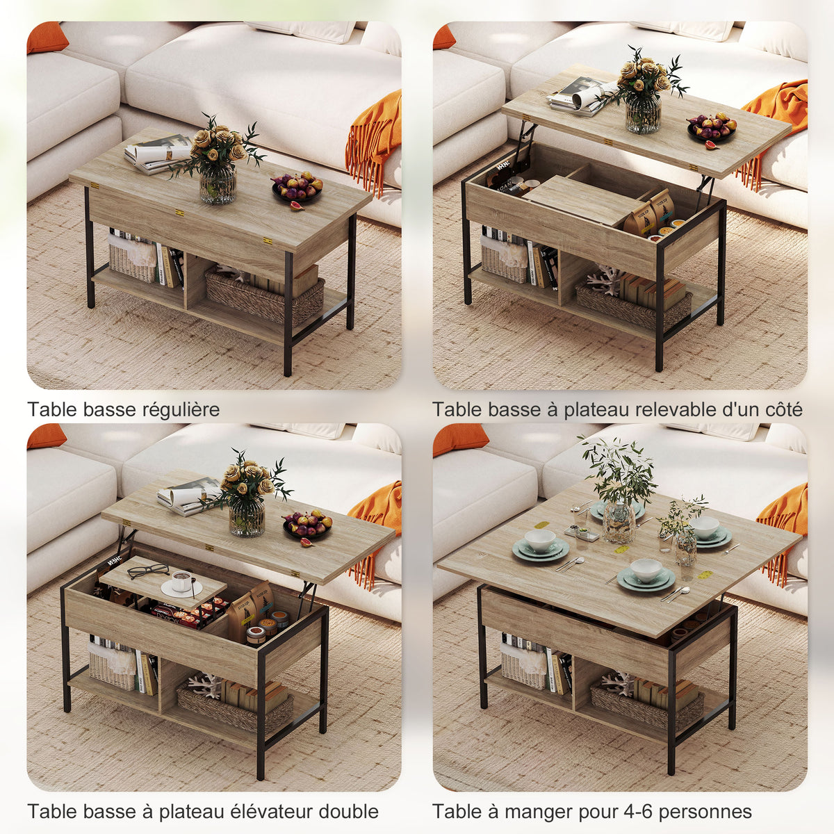 Table basse relevable et extensible, compartiment caché étagères ouvertes, 98x49x55cm, bois naturel