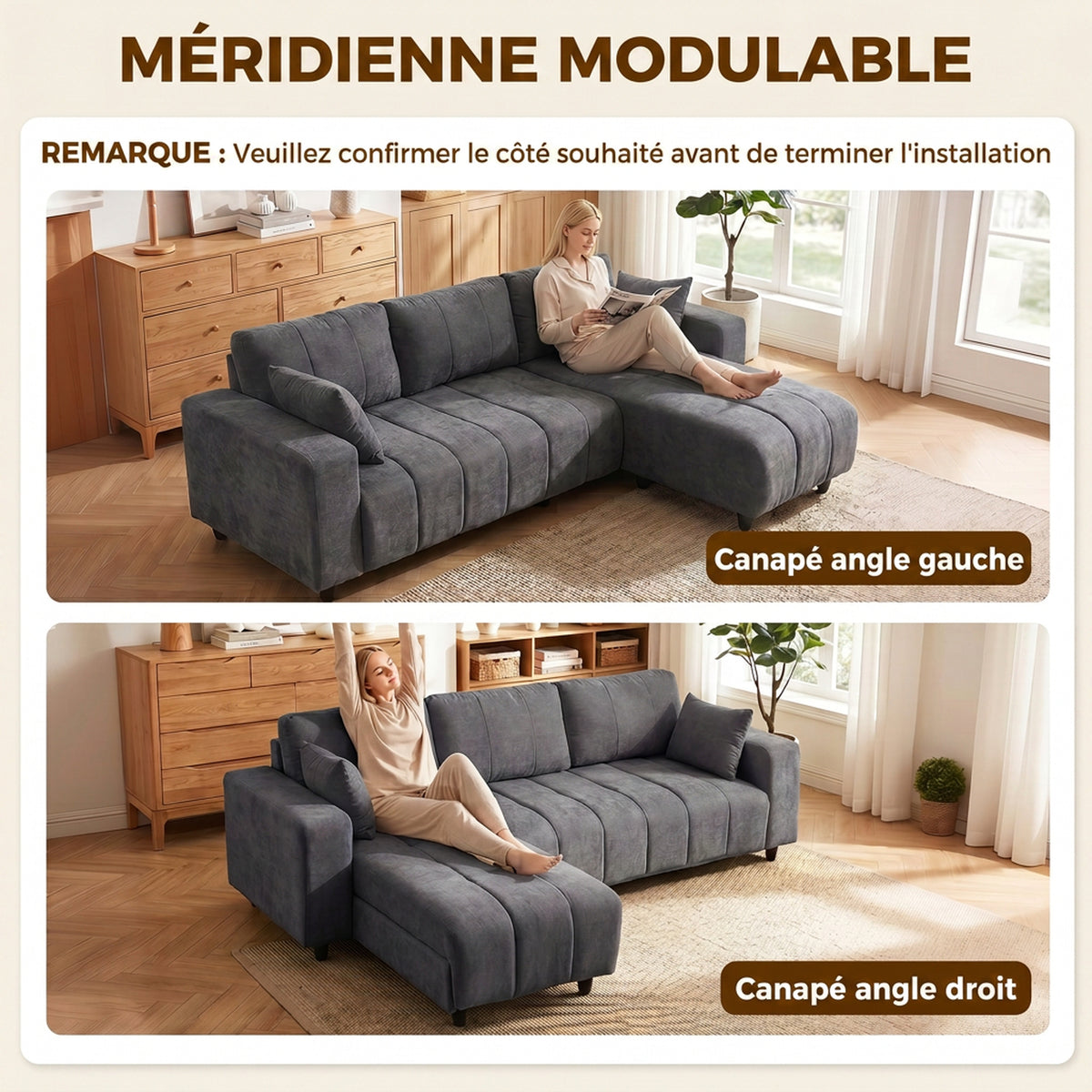 Canapé Modulable 242 cm, 4 Places ,2 Oreillers, Tissu Aspect Lin, Gris
