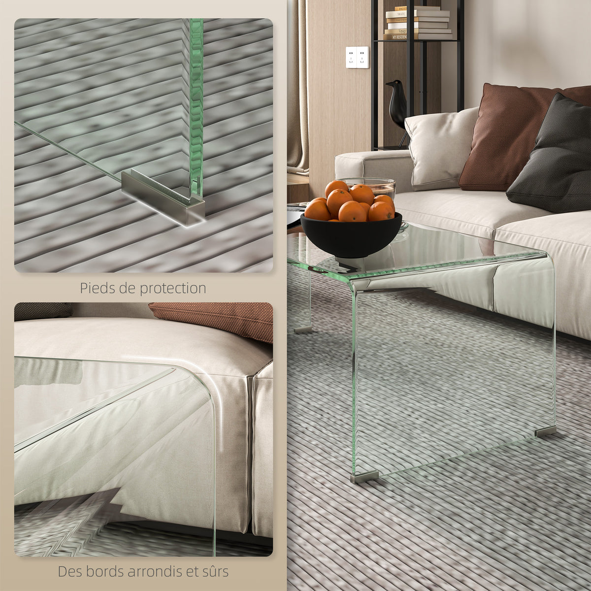 Table basse en verre rectangulaire, en verre trempé