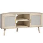 Meuble TV d'Angle 115 cm, jusqu'à 65 Pouces, 2 Portes en Rotin 2 Compartiments, Chêne