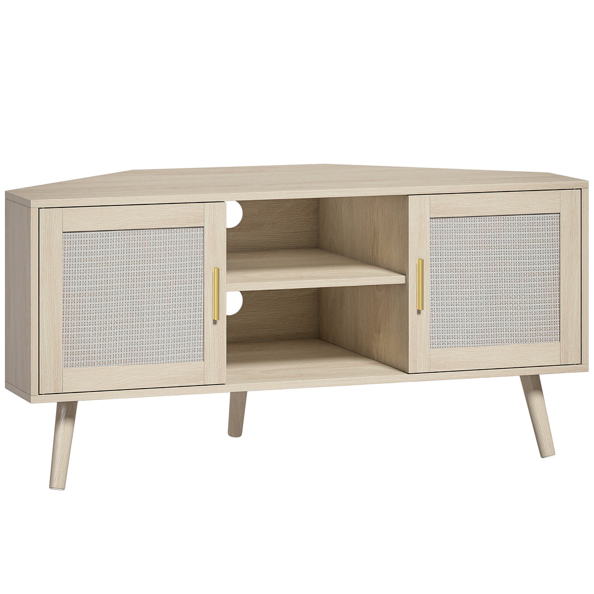 Meuble TV d'Angle 115 cm, jusqu'à 65 Pouces, 2 Portes en Rotin 2 Compartiments, Chêne