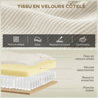 Canapé 3 places en velours 218 cm, coussins à ressorts, 2 coussins, beige