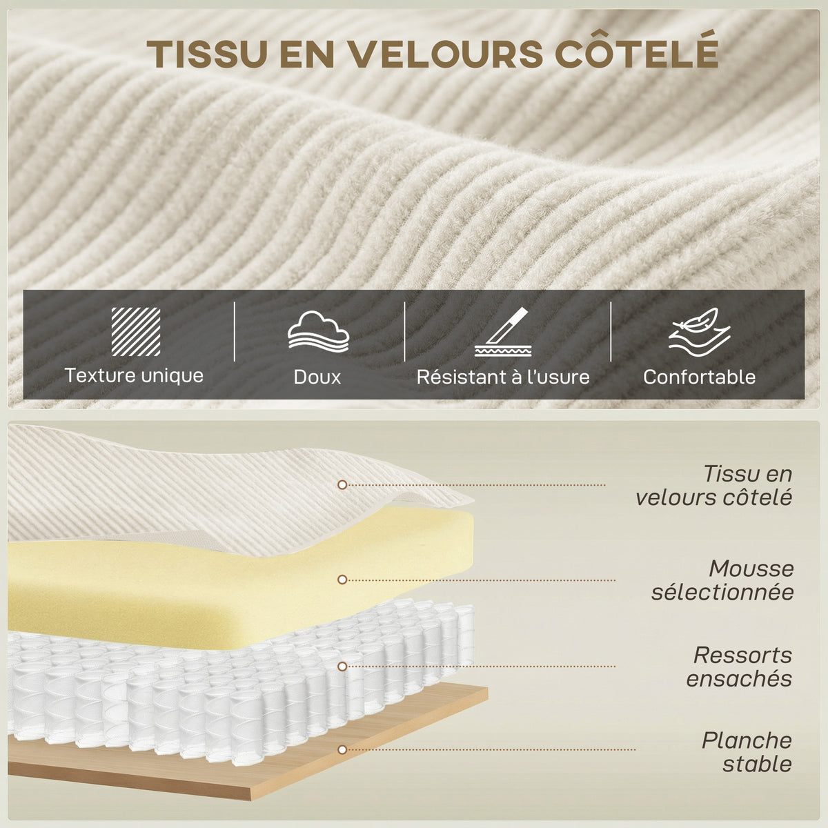 Canapé 3 places en velours 218 cm, coussins à ressorts, 2 coussins, beige