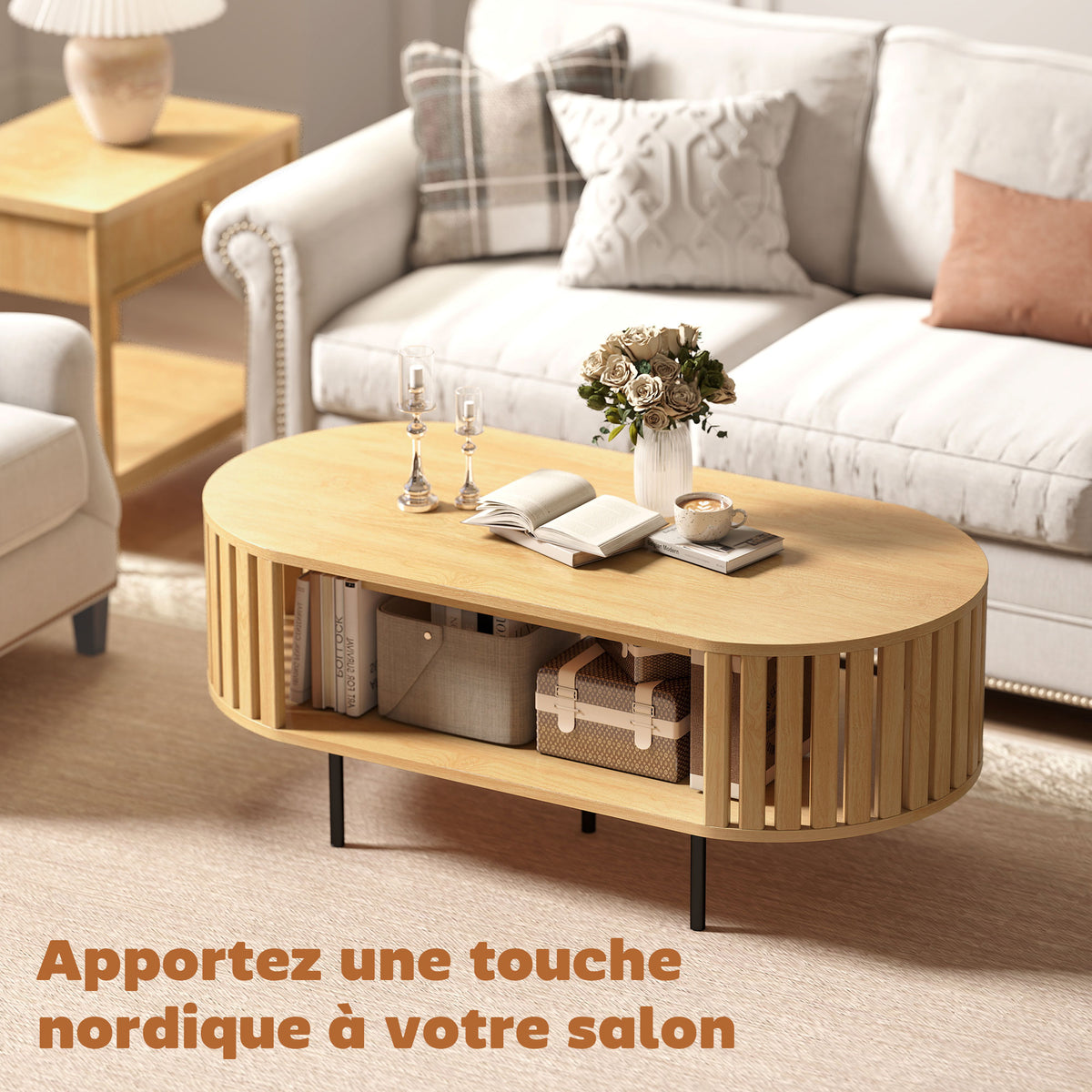 Table basse ovale, design lattes, 100 x 50 x 40 cm, effet bois naturel