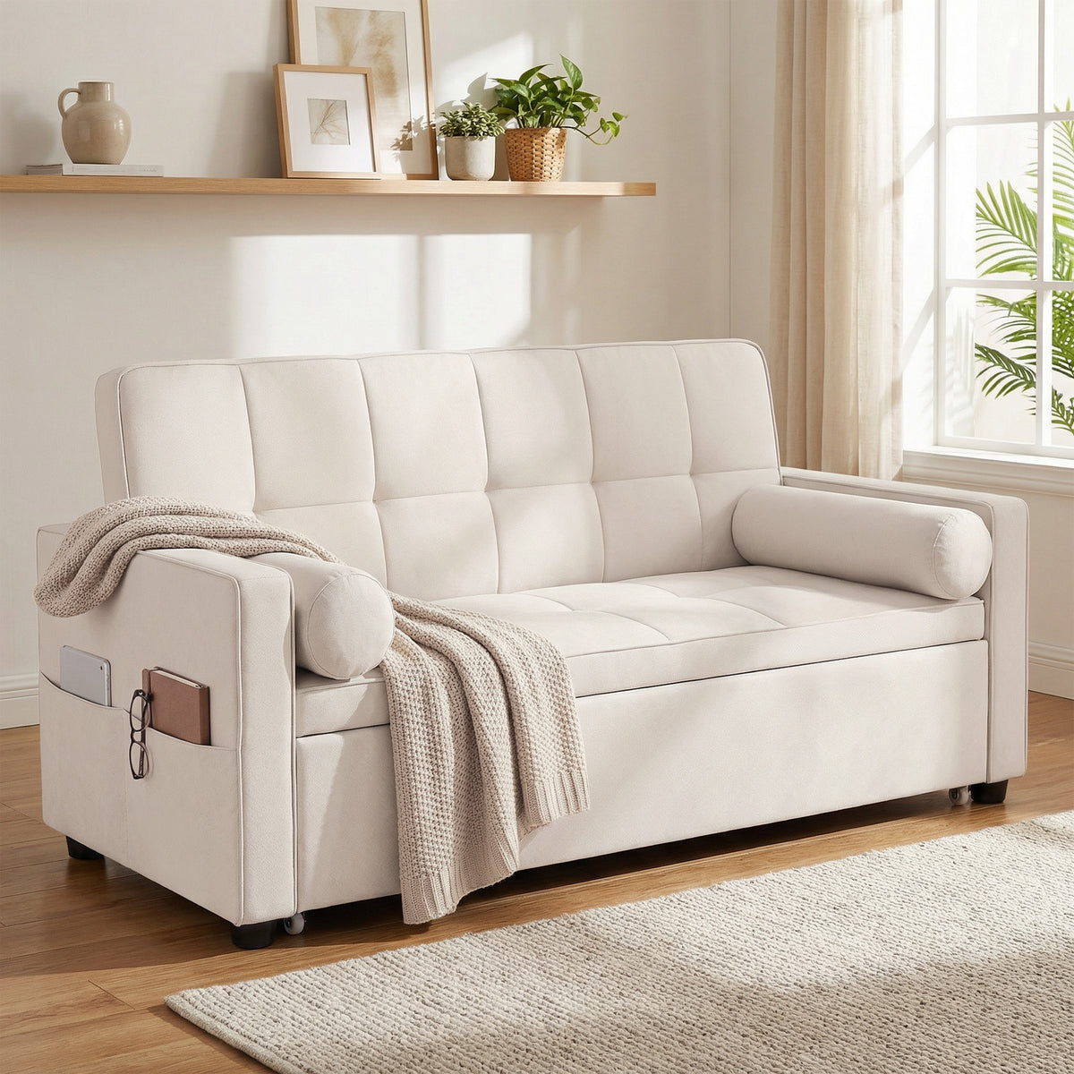 Canapé convertible 2 places, canapé-lit, 2 coussins 80,5x137,5x84cm beige