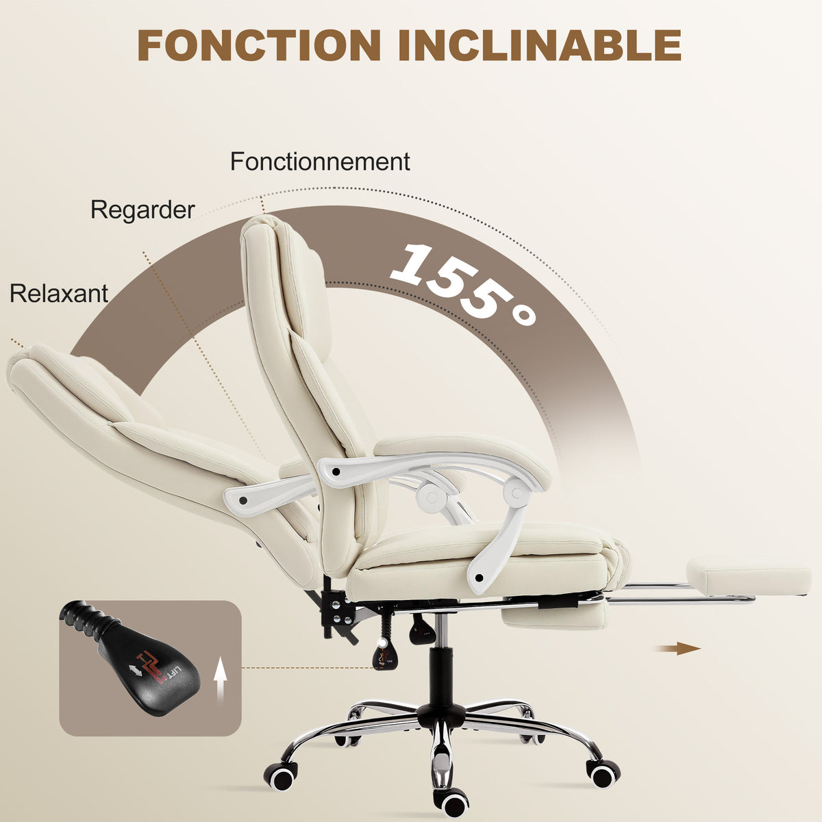 Chaise bureau ergonomique, 64x73x112-120cm, beige