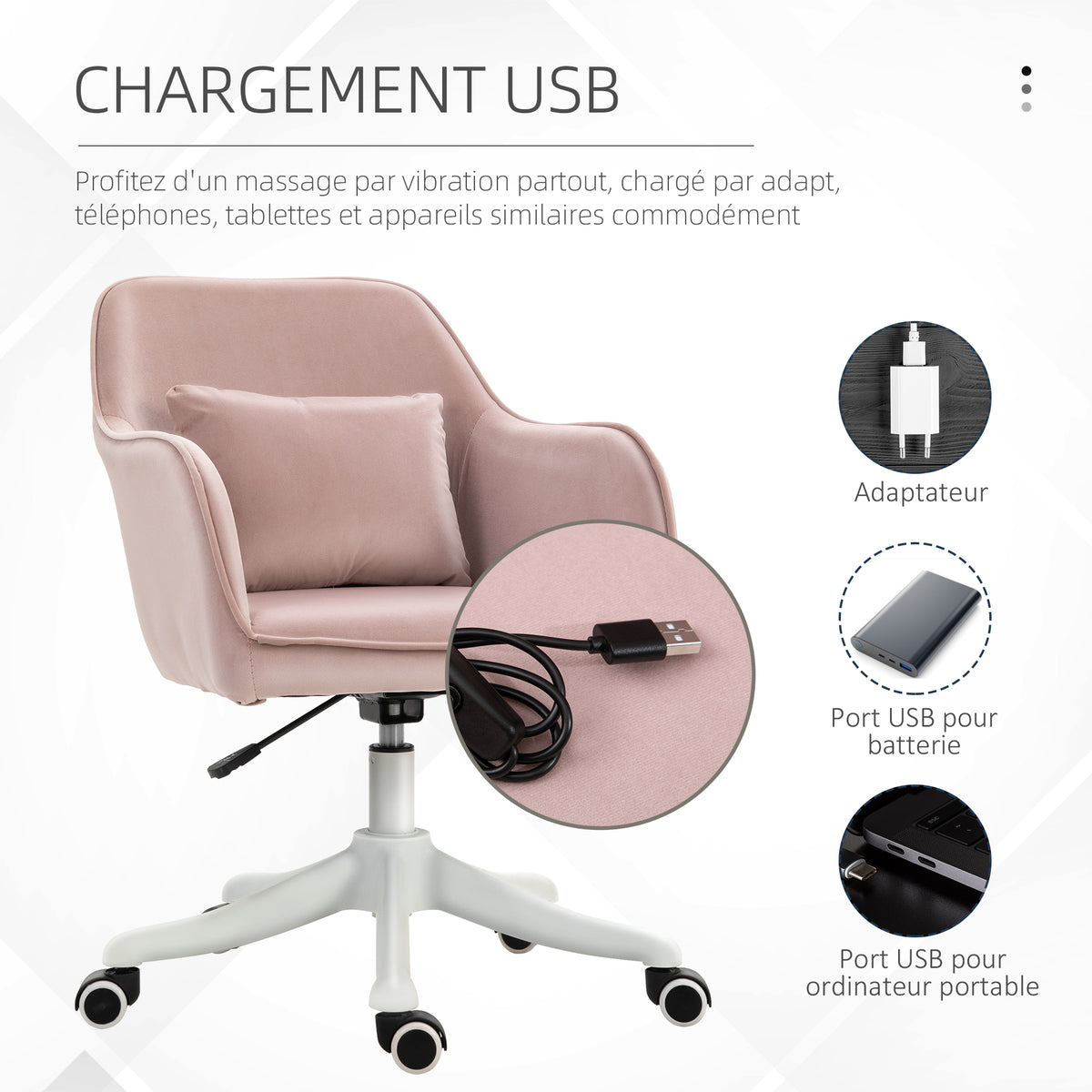 Chaise de bureau velours, massante, rose poudré