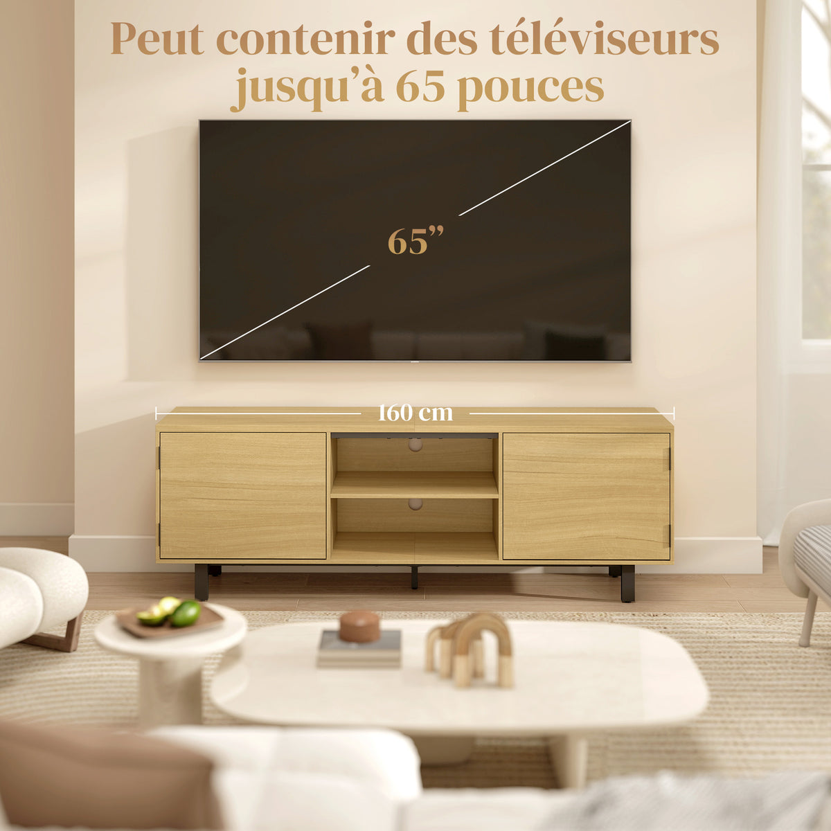 Meuble TV, 65 pouces, 2 portes et 2 étagères, 160x35x55,5cm, bois naturel