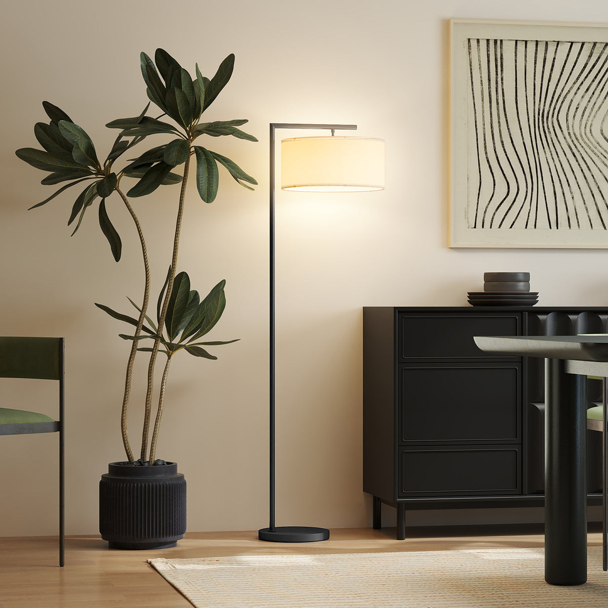 Lampadaire / lampe à pied abat-jour en tissu de lin 47 x 37 x 153 cm noir et blanc