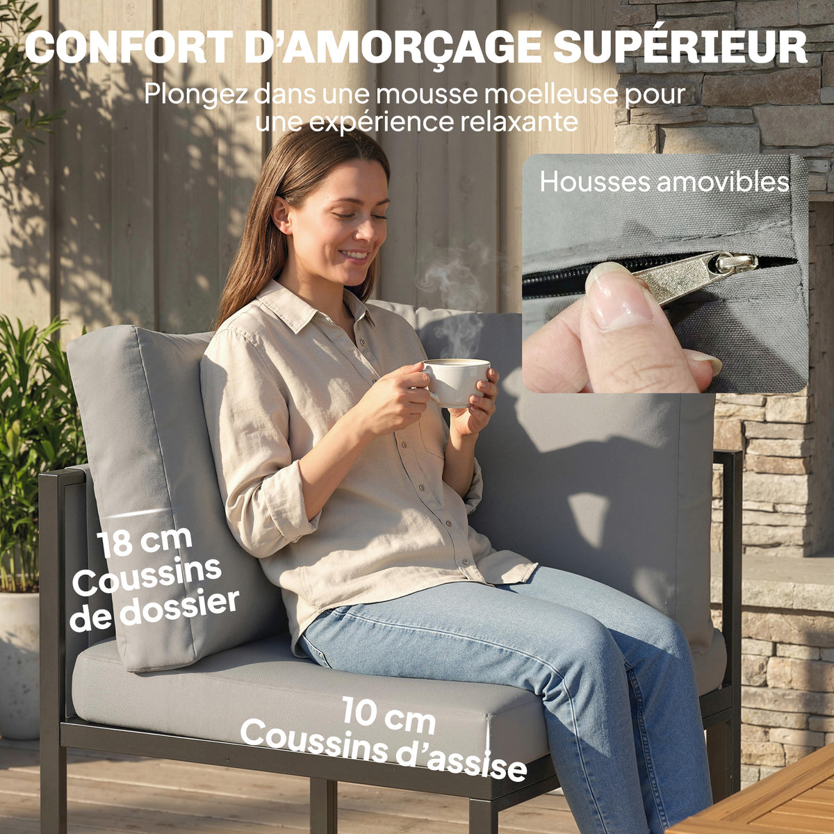 Salon de Jardin Canapé 6 Pièces Coussins 10cm Table Haute et 2 Repose-pieds Gris