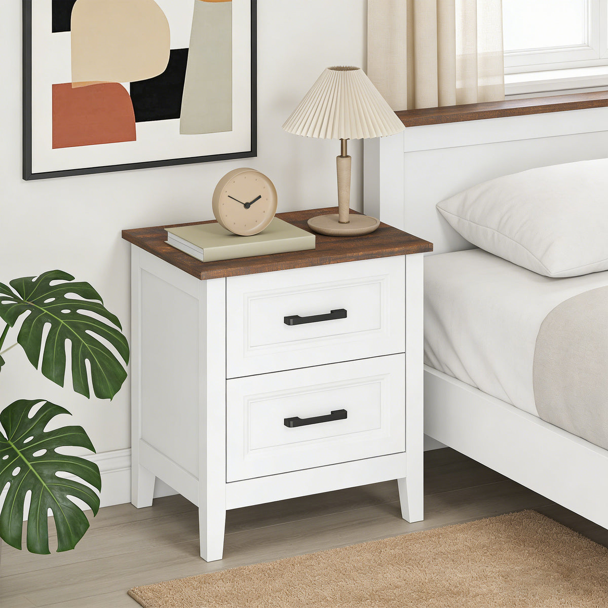 Table de chevet avec 2 tiroirs, plateau effet bois, style rustique, blanc