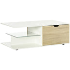 Table basse rectangulaire, 2 tiroirs 2 niches étagère verre trempé, chêne clair