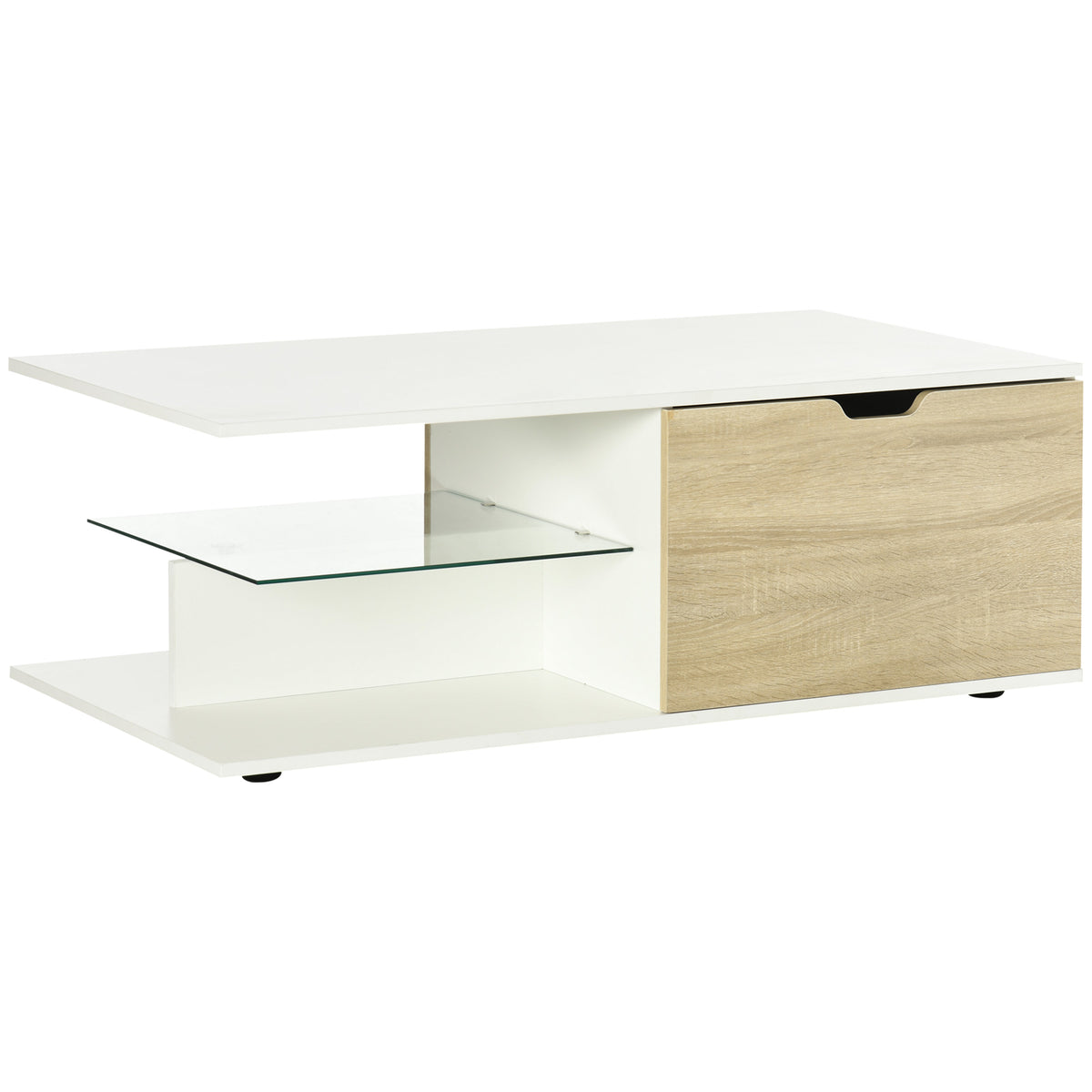 Table basse rectangulaire, 2 tiroirs 2 niches étagère verre trempé, chêne clair