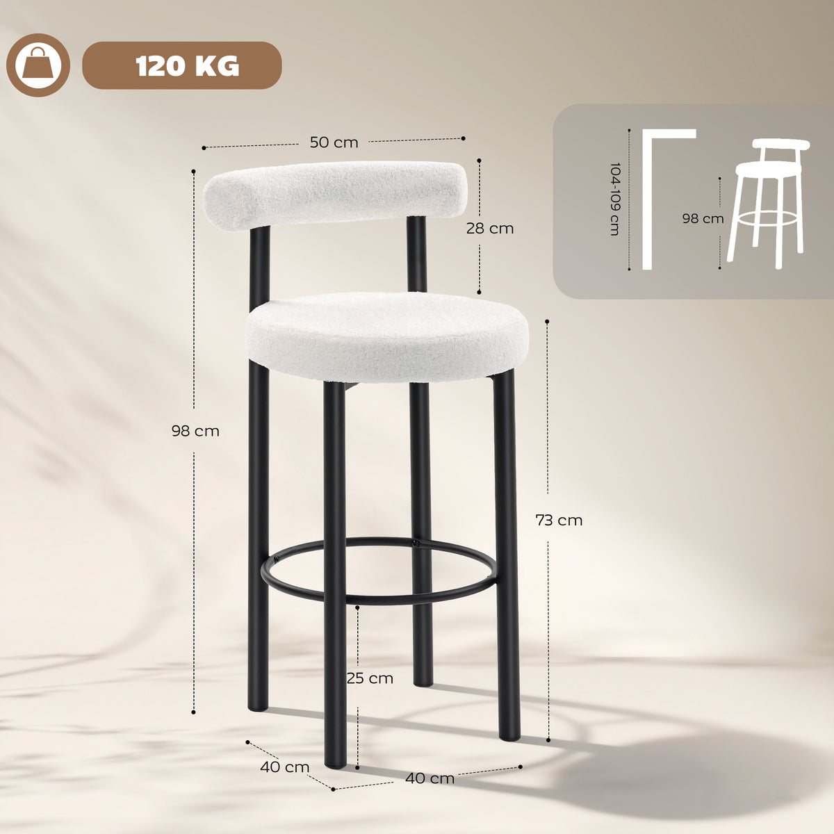 Lot de 2 tabourets de bar, dossier incurvé, repose-pieds, 50x52,5x98cm, blanc