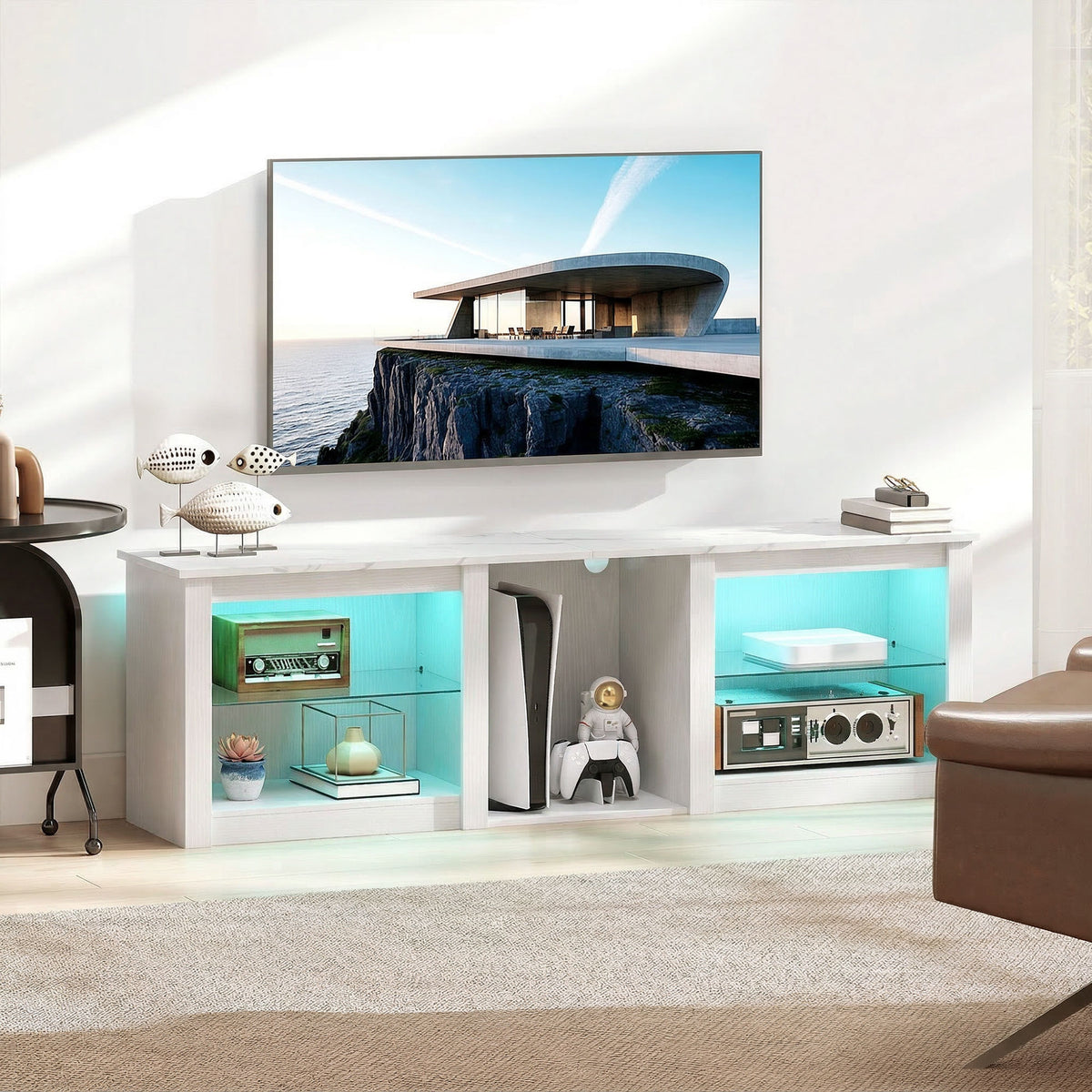 Meuble TV avec éclairage LED jusqu'à 70 pouces, 160cm avec étagères en verre réglables, blanc