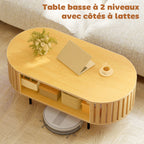 Table basse ovale, design lattes, 100 x 50 x 40 cm, effet bois naturel