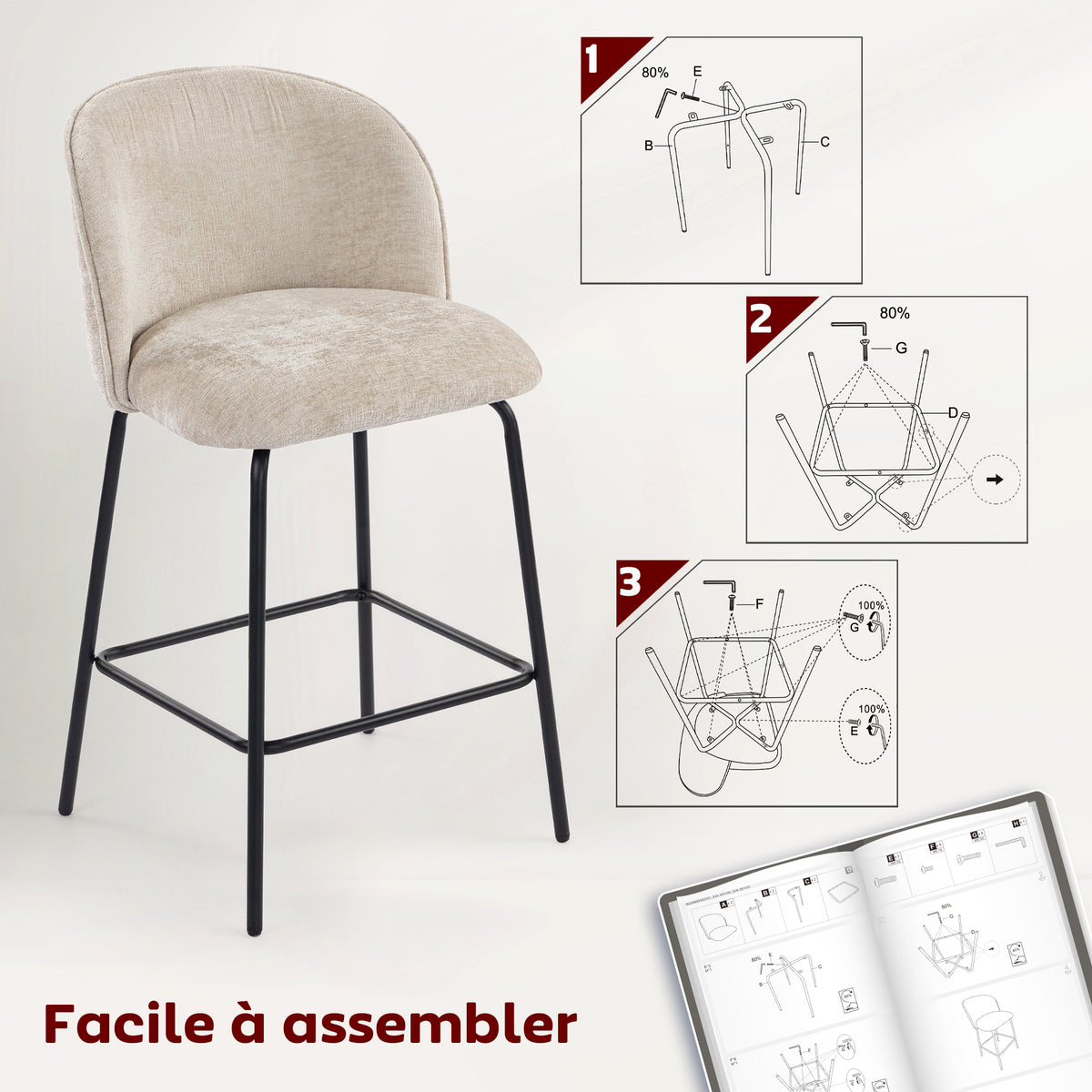 Lot de 2 tabourets de bar, repose-pied, hauteur d'assise 68 cm, beige