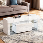 Meuble TV, éclairage LED, étagères en verre trempé, 120x34x45cm, blanc