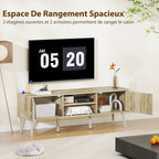 Meuble TV, 65 pouces avec 2 portes, 2 compartiments ouverts, étagère réglable, 140x35x49cm, chêne
