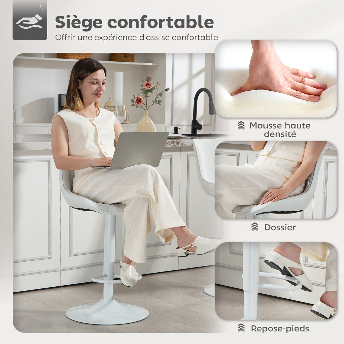Lot de 2 tabourets de bar, repose-pieds blanc