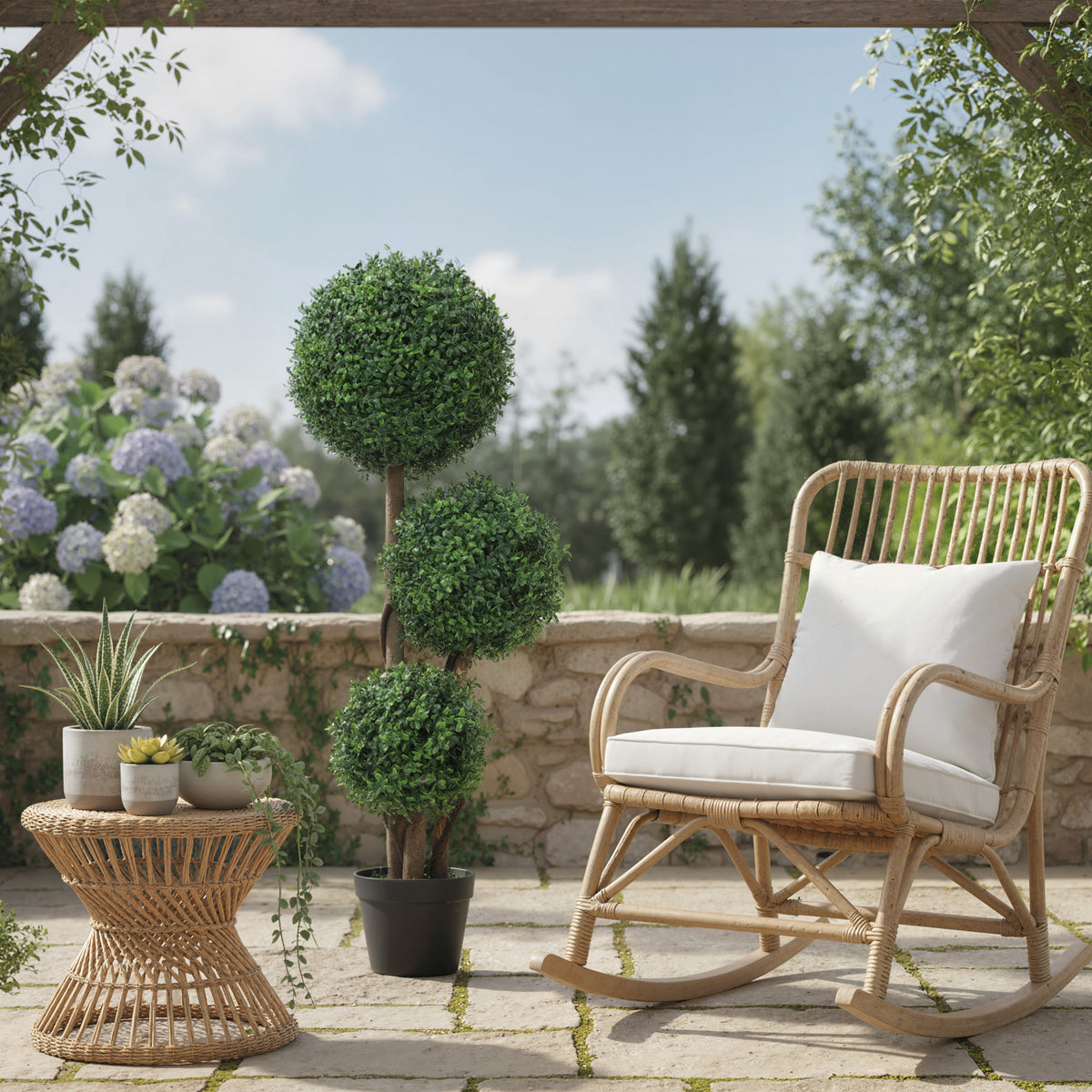 Plante Artificielle 100 cm, 3 Boules de Buis, Pot, Vert