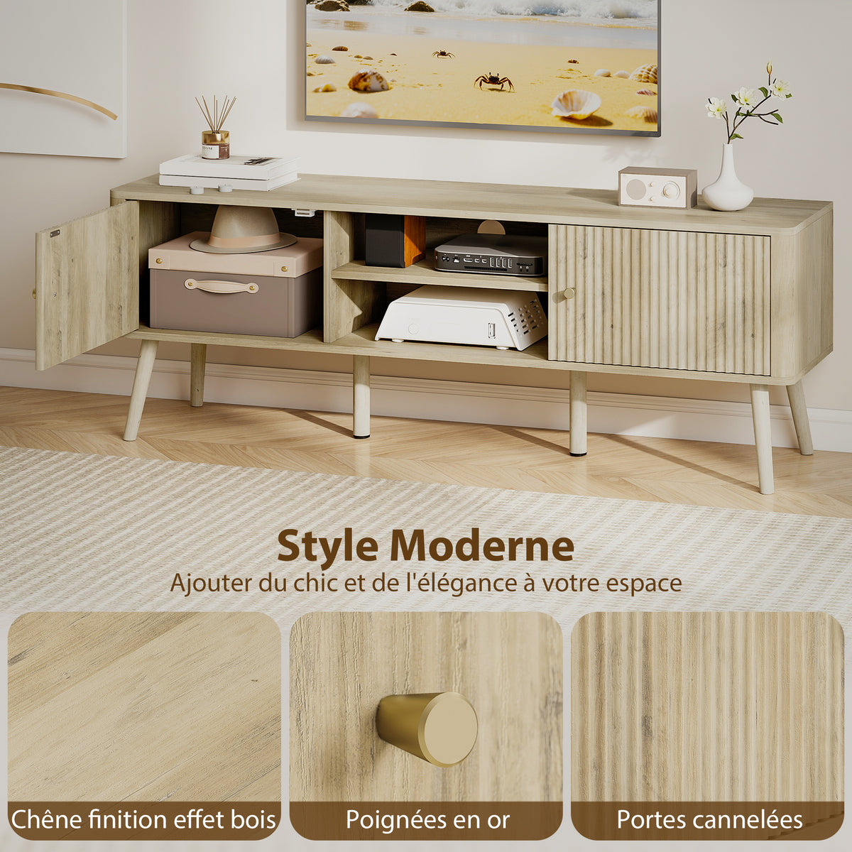 Meuble TV, 65 pouces avec 2 portes, 2 compartiments ouverts, étagère réglable, 140x35x49cm, chêne