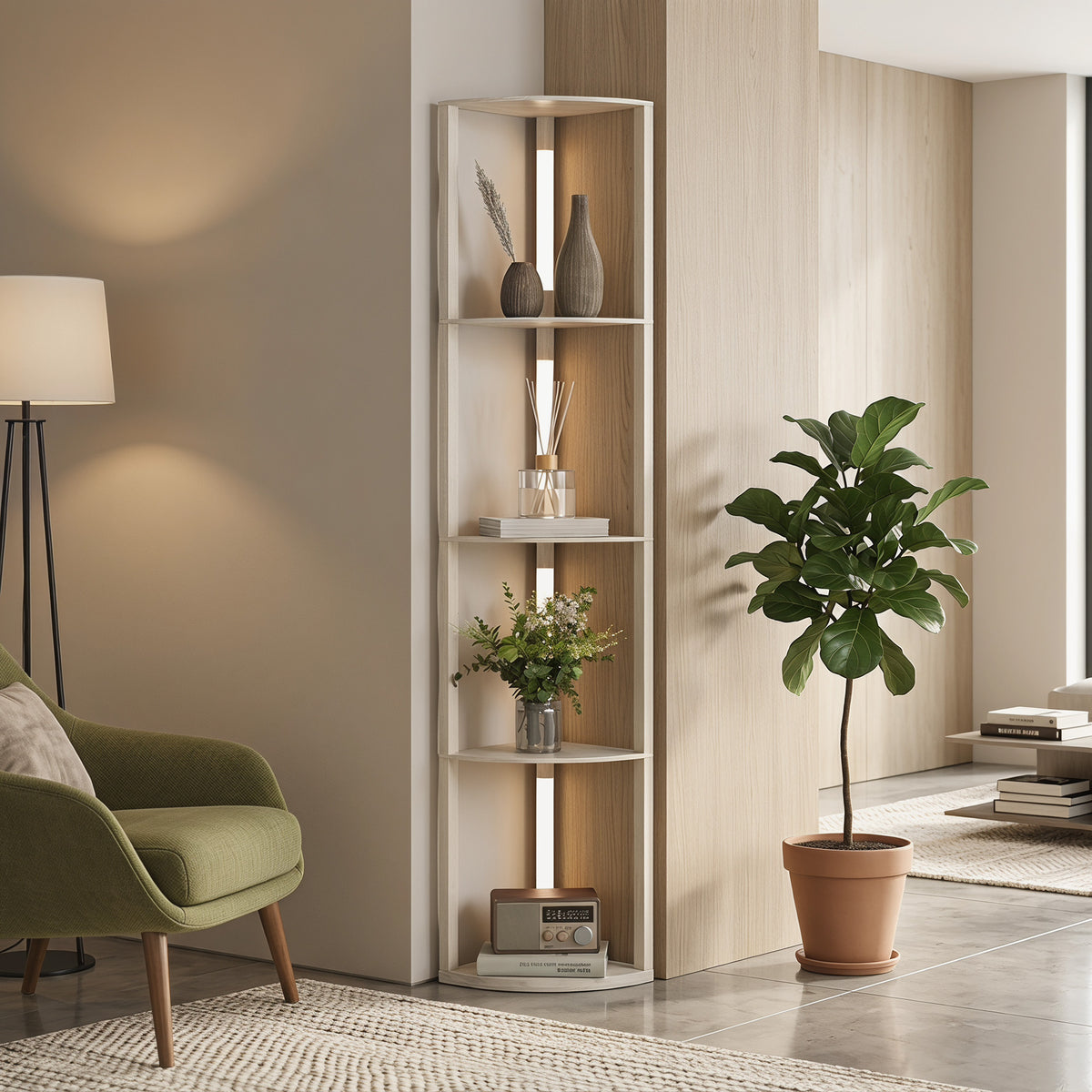 Lampadaire / lampe avec Étagères d'Angle à 4 Niveaux, Lampe LED Dimmable, 41x29,5x163,5cm, Chêne