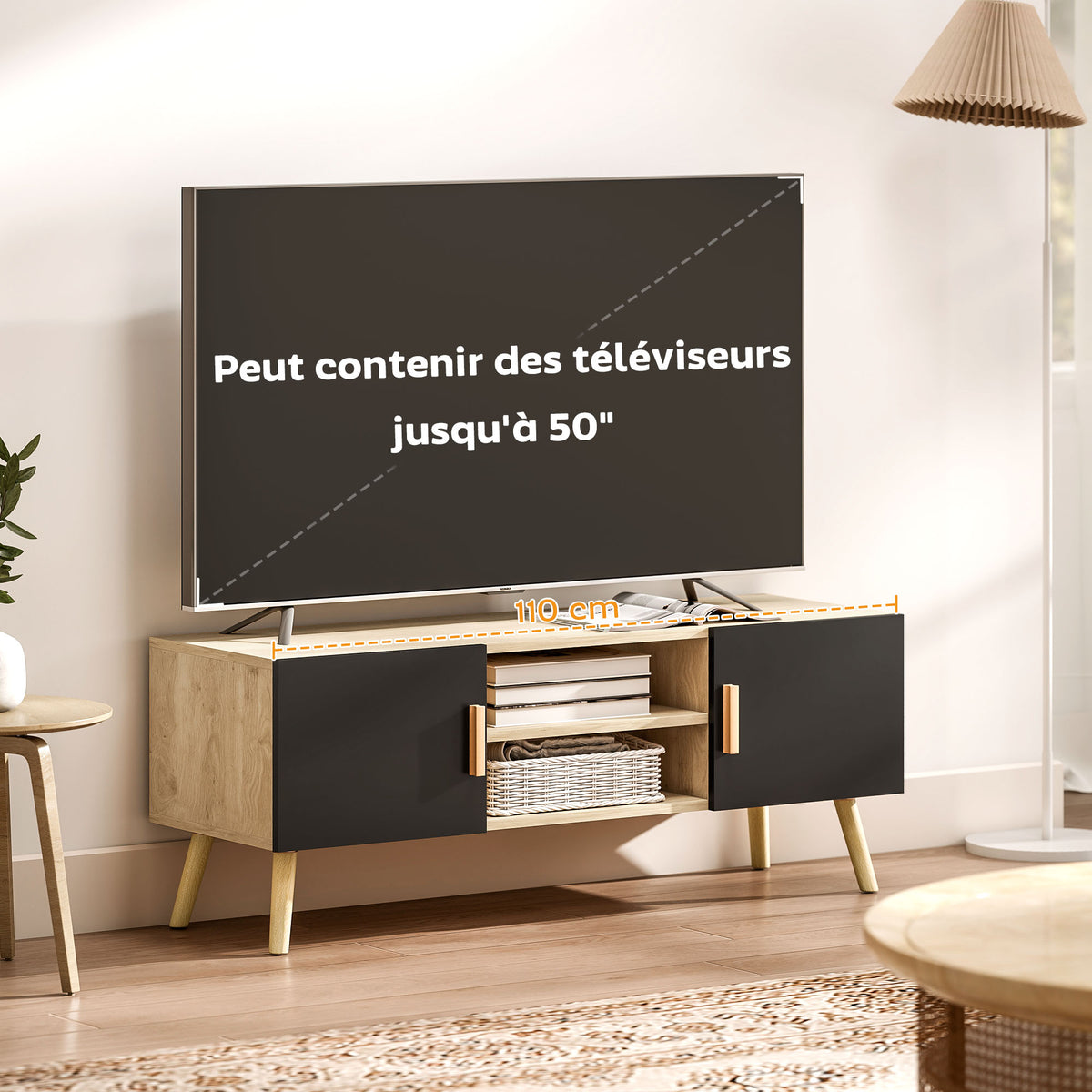 Meuble TV jusqu'à 50 pouces avec étagères, 2 placards et passe-câbles, chêne