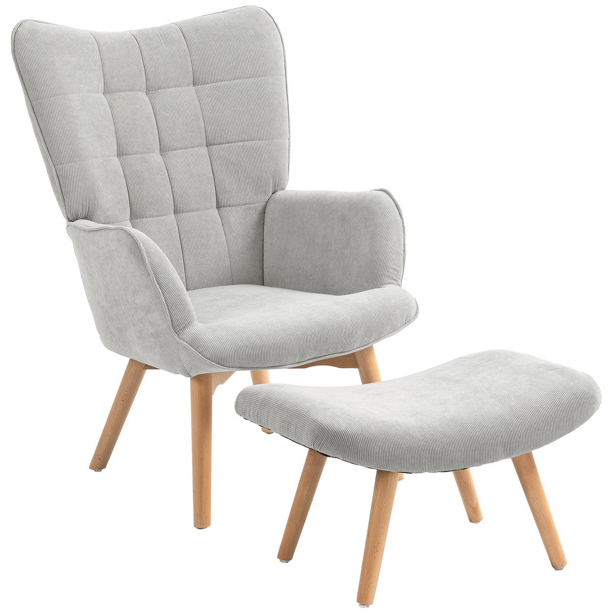 Fauteuil avec repose pied, pieds en bois et tissu aspect velours, gris