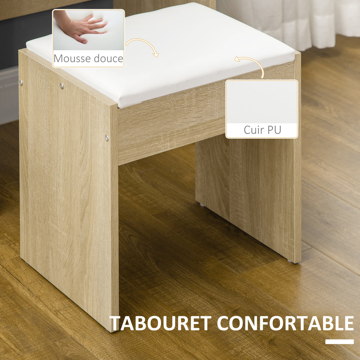 coiffeuse table de maquillage, tabouret rembourré, grand miroir, plusieurs étagères ouvertes, 4 tiroirs bois naturel