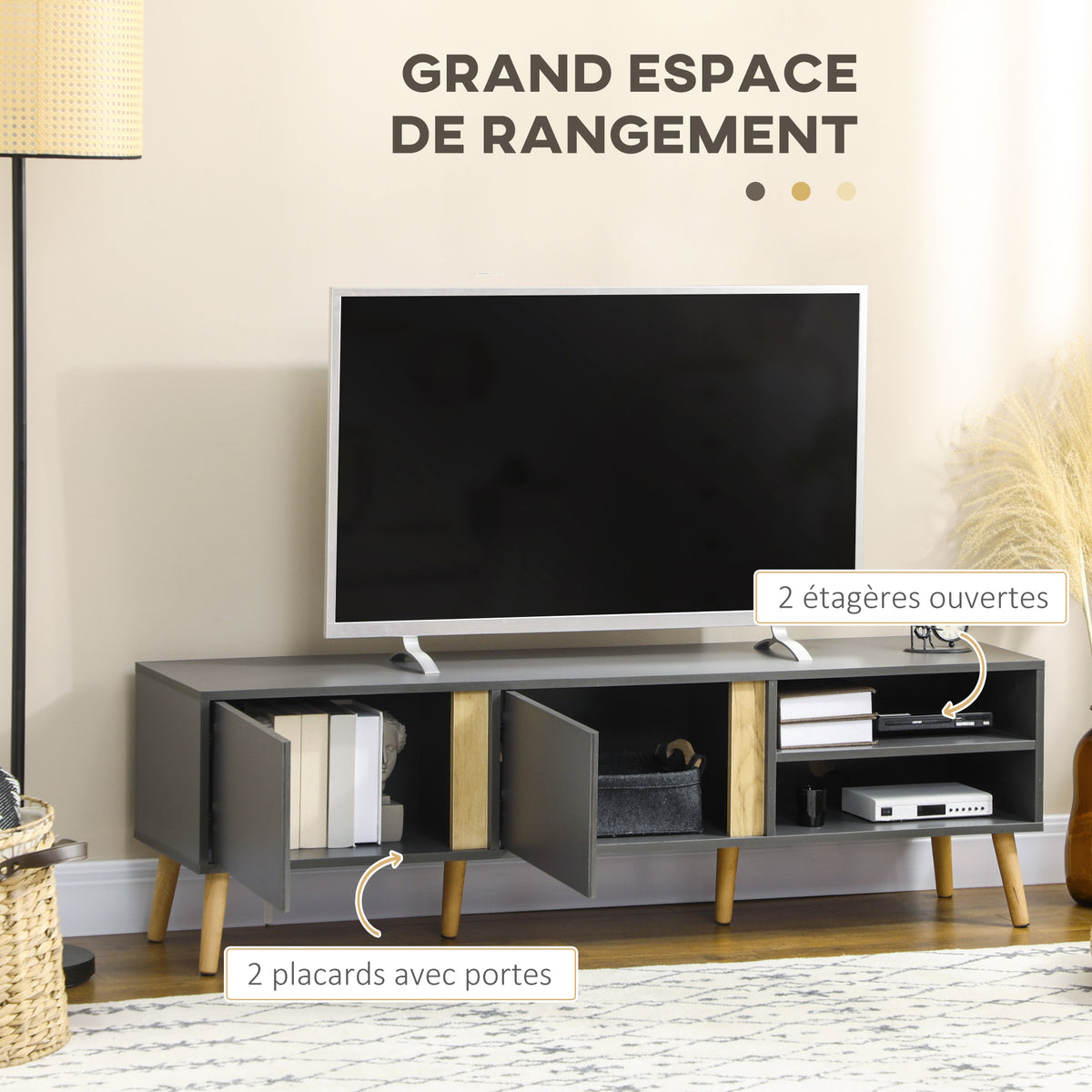 Meuble TV jusqu'à 55 pouces ,2 portes, 2 niches avec passe-câbles 150 x 35 x 45 cm gris foncé