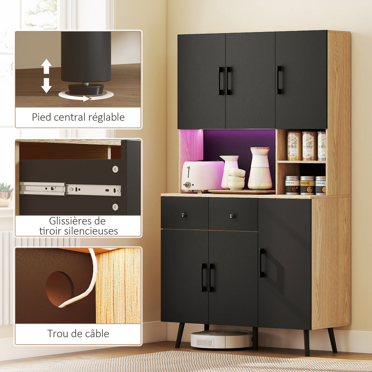 Buffet cuisine haut avec lumière LED, 6 portes 2 tiroirs 100x40x176cm noir
