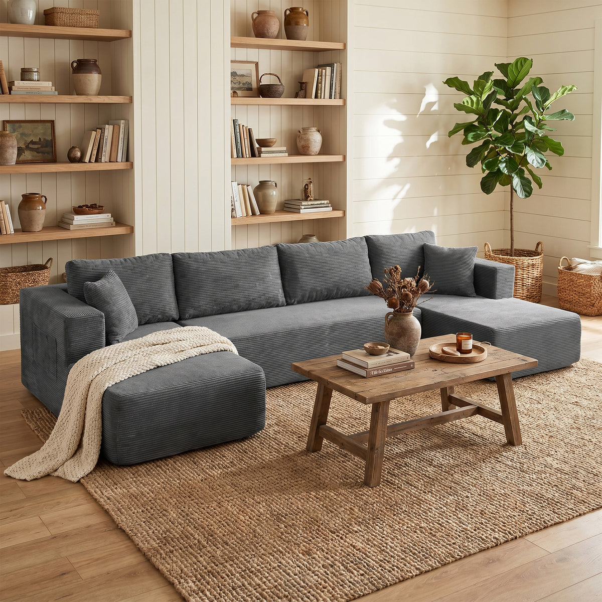 Canapé Modulaire en U 4 Places, 2 Méridiennes, 6 Coussins, 369 x 152 x 78 cm, Gris