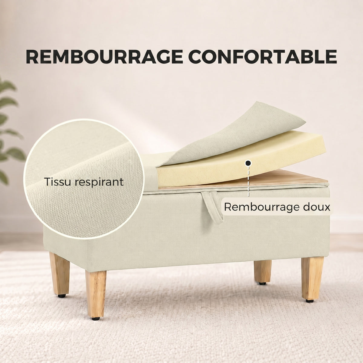 Banc de rangement, bout de lit, 71x37x36cm, beige