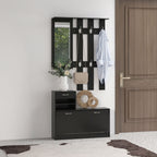 Meuble d'entrée 3 en 1, porte-manteau, miroir et banc à chaussures noir