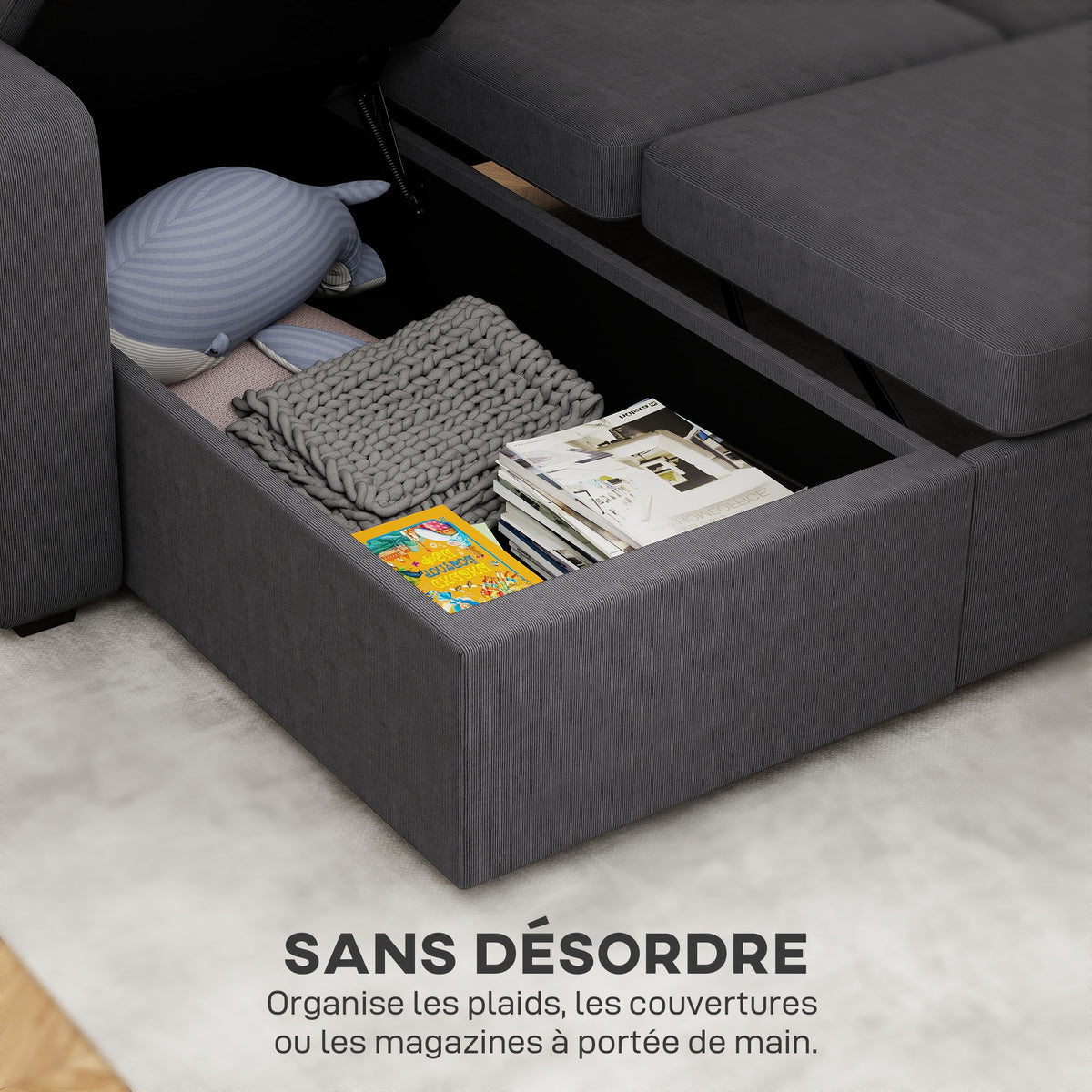 Canapé d'angle convertible en velours, canapé-lit 3 places, coussins, 205x135x76cm, gris