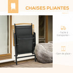 Salon de jardin 6 personnes, cadre en aluminium, table 190 cm, 6 chaises pliables et inclinables, noir