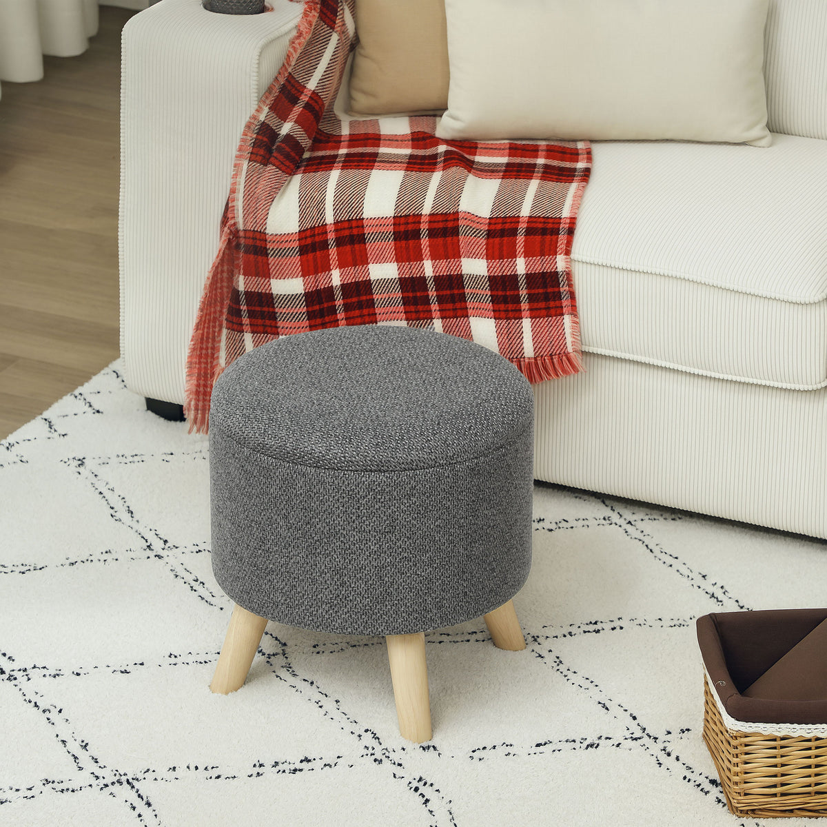 Pouf rond repose-pieds avec coffre de rangement pieds en bois gris
