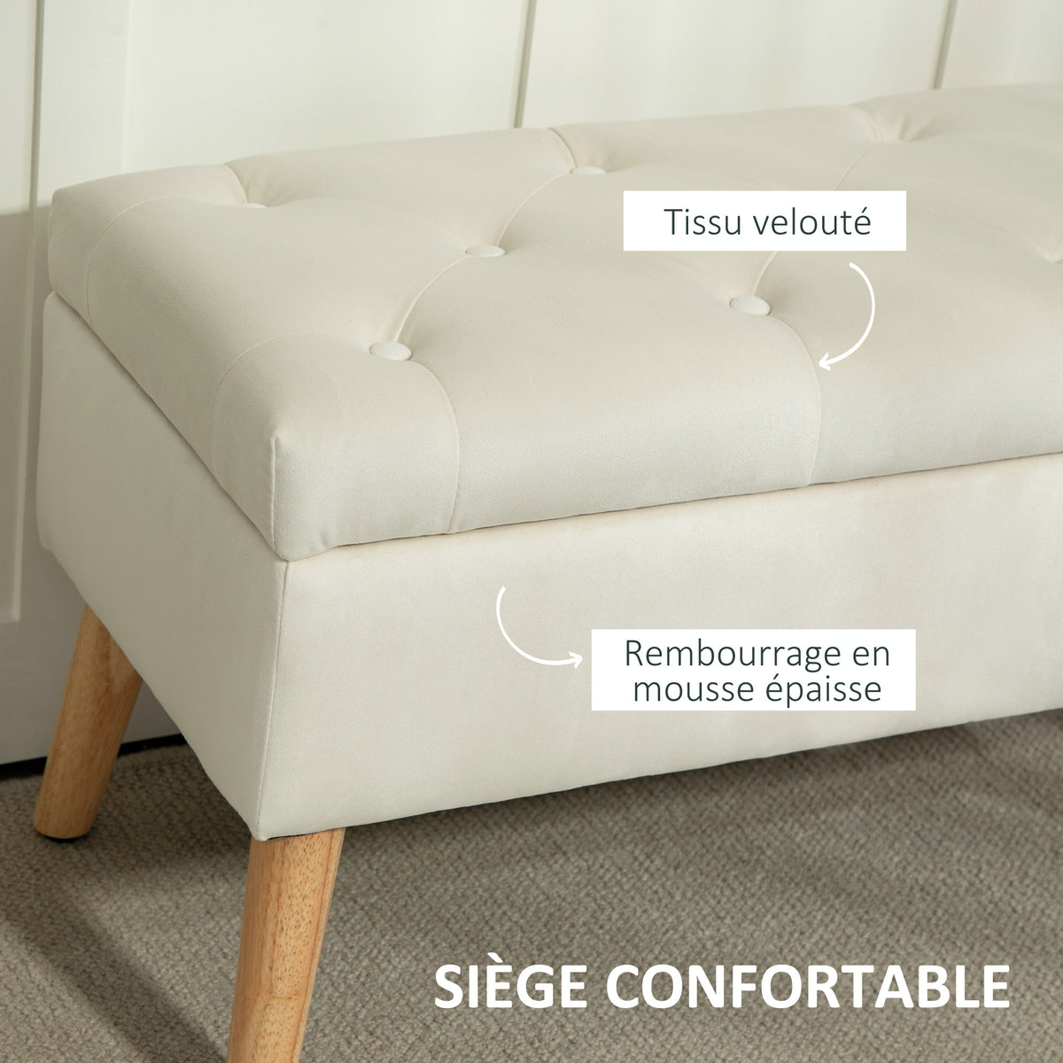 Banc de rangement effet velours, pieds en bois charge max. 120 kg 80 x 35 x 42 cm, crème