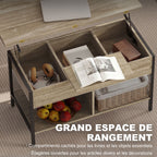 Table basse relevable et extensible, compartiment caché étagères ouvertes, 98x49x55cm, bois naturel