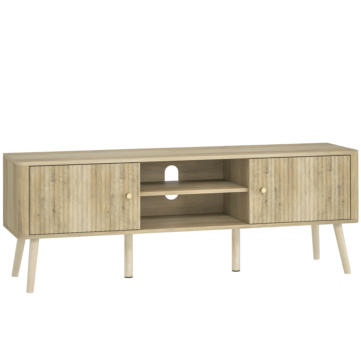 Meuble TV, 65 pouces avec 2 portes, 2 compartiments ouverts, étagère réglable, 140x35x49cm, chêne